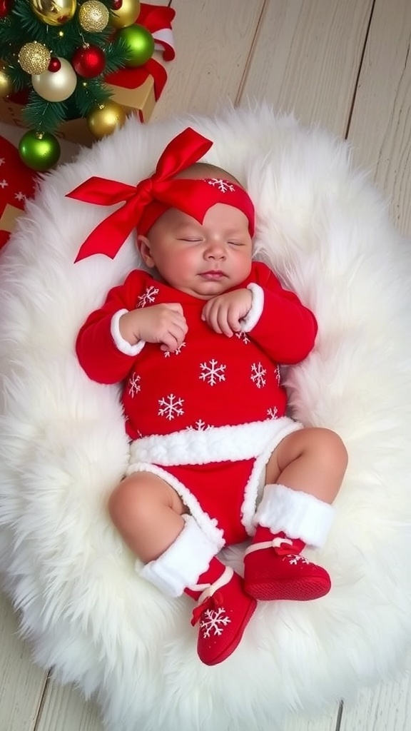 Adorable Christmas Outfit for Newborn Girls Newborn girl in a red Christmas onesie with snowflakes and a matching headband, on a fluffy blanket with holiday decorations.